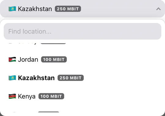 Change Location window: the country list is open on Kazakhstan